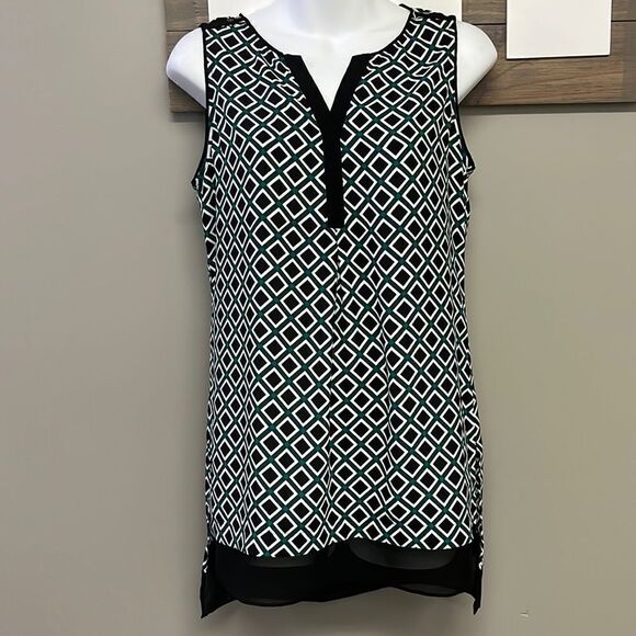White House Black Market V-Neck Sleeveless Abstract Diamond/Sq Tank Tunic-XS - Picture 1 of 16